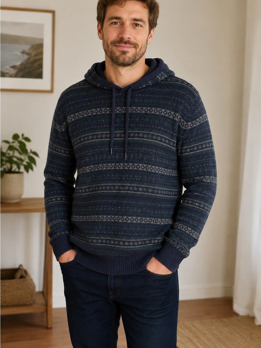 NWT IZOD Men’s XL Fair Isle Hooded Sweater 100% Cotton Navy Green